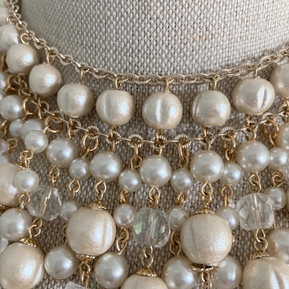 1970s Cotton Pearl Bib Necklace, Vintage Faux Pearl Multi Tier Necklace - Picture 6 of 7